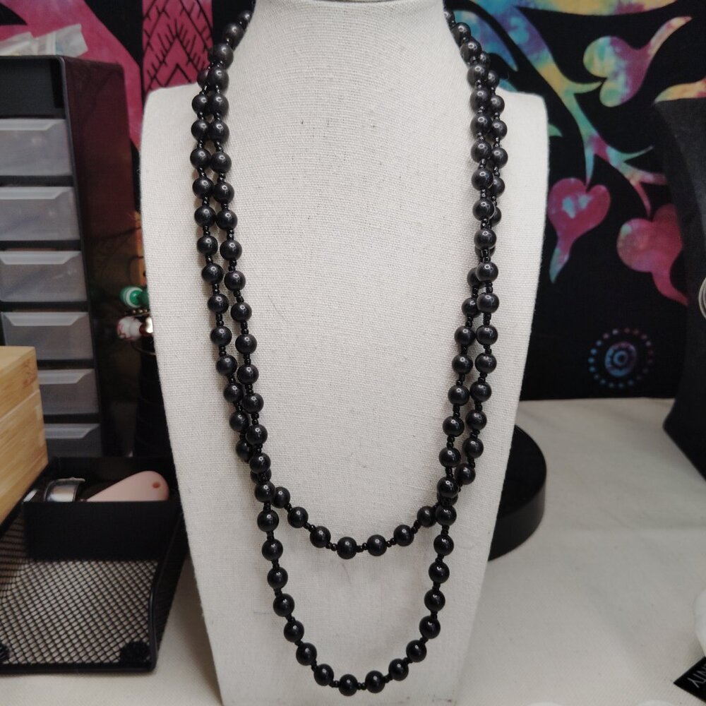 Vintage Black Agate Bead Necklace 48” Over‑the‑Head Black Seed Spacers